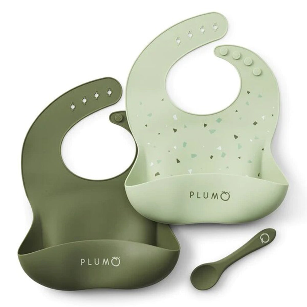 Plum 3 Piece Silicone Bibs & Spoon Set